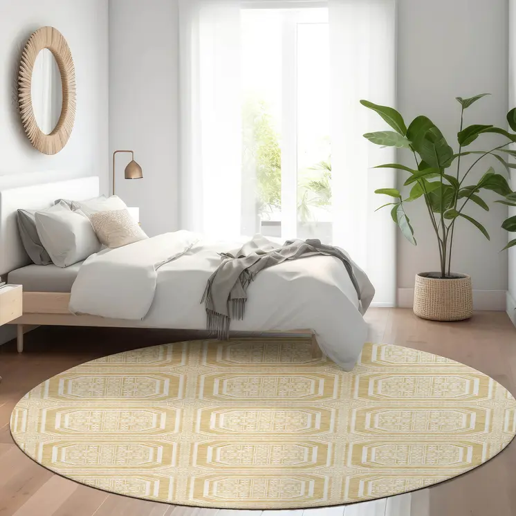 8' Gold And Ivory Round Geometric Washable Indoor Outdoor Area Rug