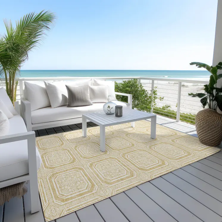 8' X 10' Gold And Ivory Geometric Washable Indoor Outdoor Area Rug