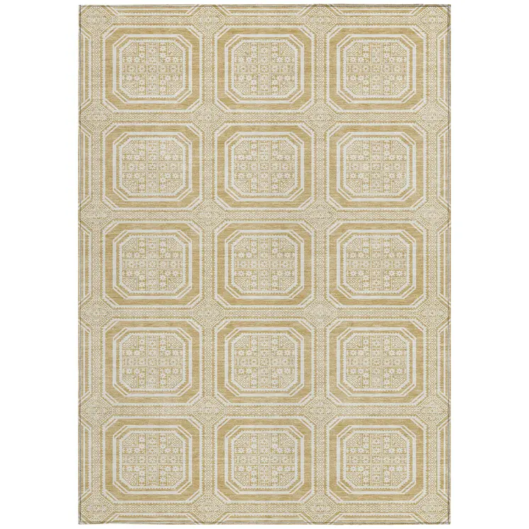 8' X 10' Gold And Ivory Geometric Washable Indoor Outdoor Area Rug