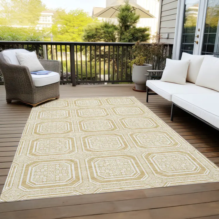 8' X 10' Gold And Ivory Geometric Washable Indoor Outdoor Area Rug