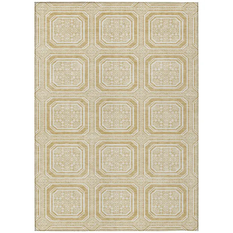 9' X 12' Gold And Ivory Geometric Washable Indoor Outdoor Area Rug