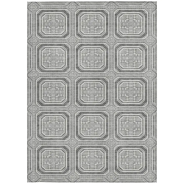 5' X 8' Gray And Ivory Geometric Washable Indoor Outdoor Area Rug