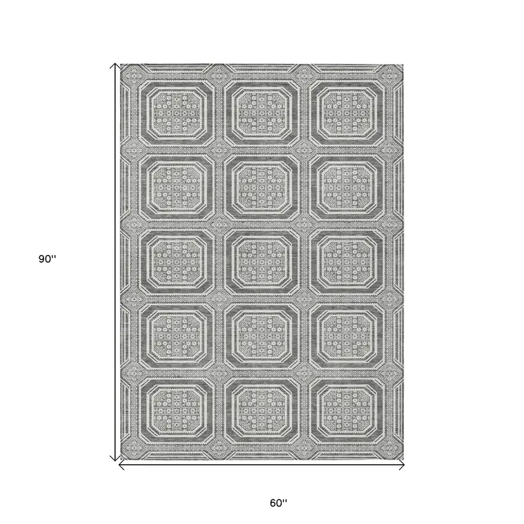 5' X 8' Gray And Ivory Geometric Washable Indoor Outdoor Area Rug
