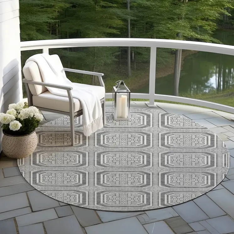 8' Gray And Ivory Round Geometric Washable Indoor Outdoor Area Rug