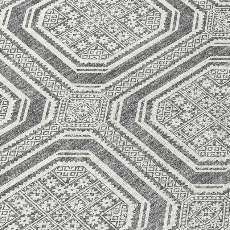 8' Gray And Ivory Round Geometric Washable Indoor Outdoor Area Rug