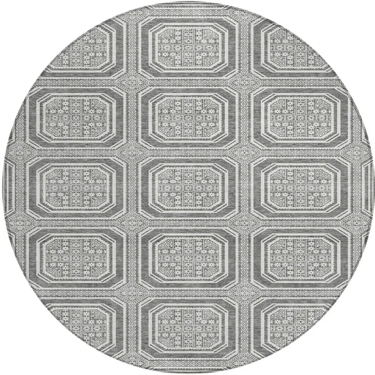 8' Gray And Ivory Round Geometric Washable Indoor Outdoor Area Rug