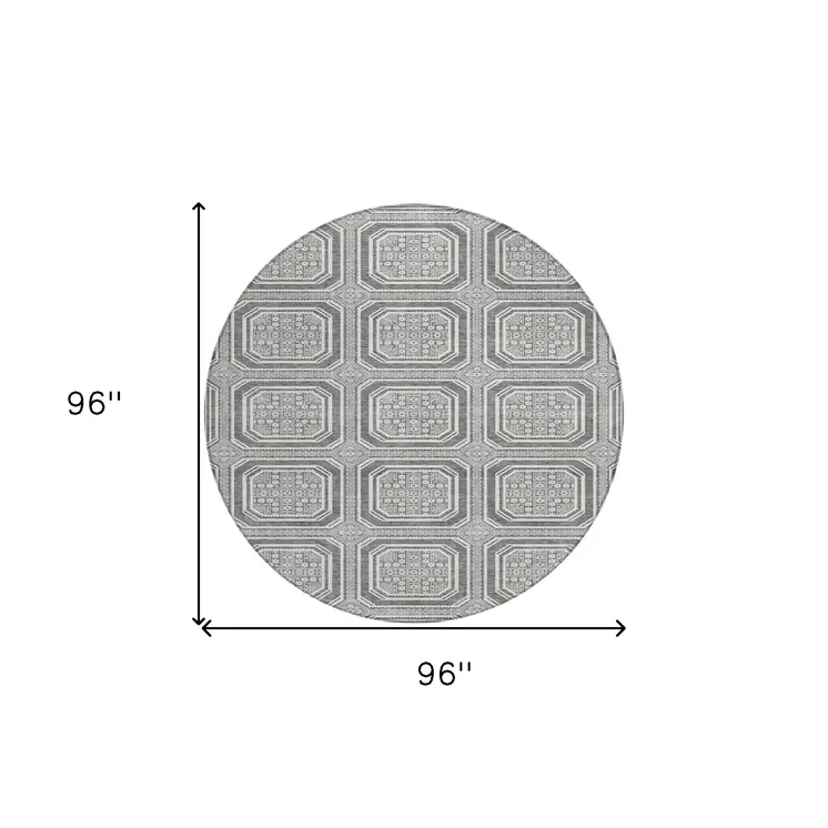 8' Gray And Ivory Round Geometric Washable Indoor Outdoor Area Rug