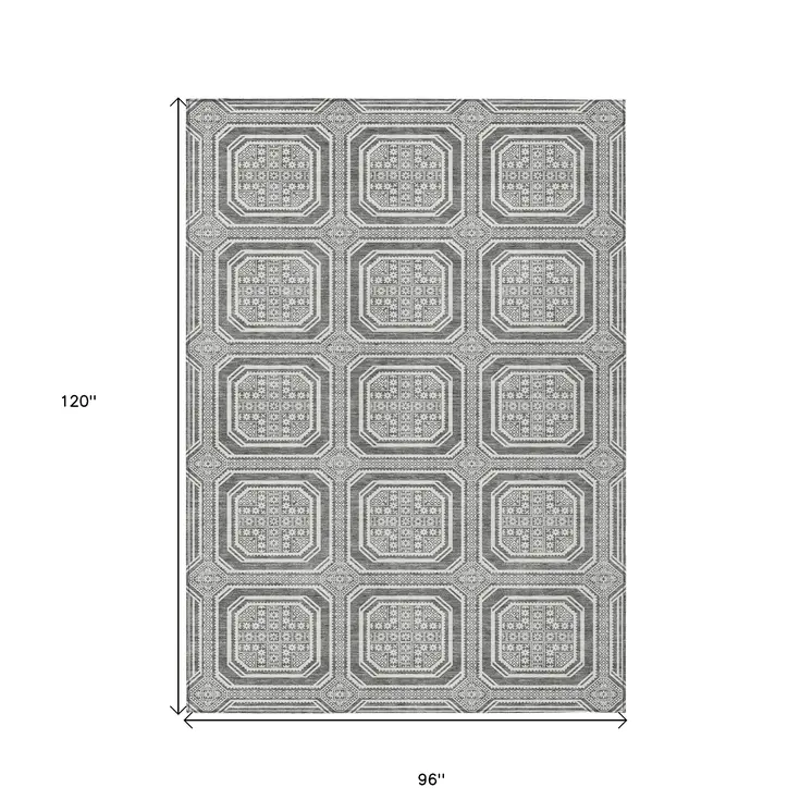 8' X 10' Gray And Ivory Geometric Washable Indoor Outdoor Area Rug