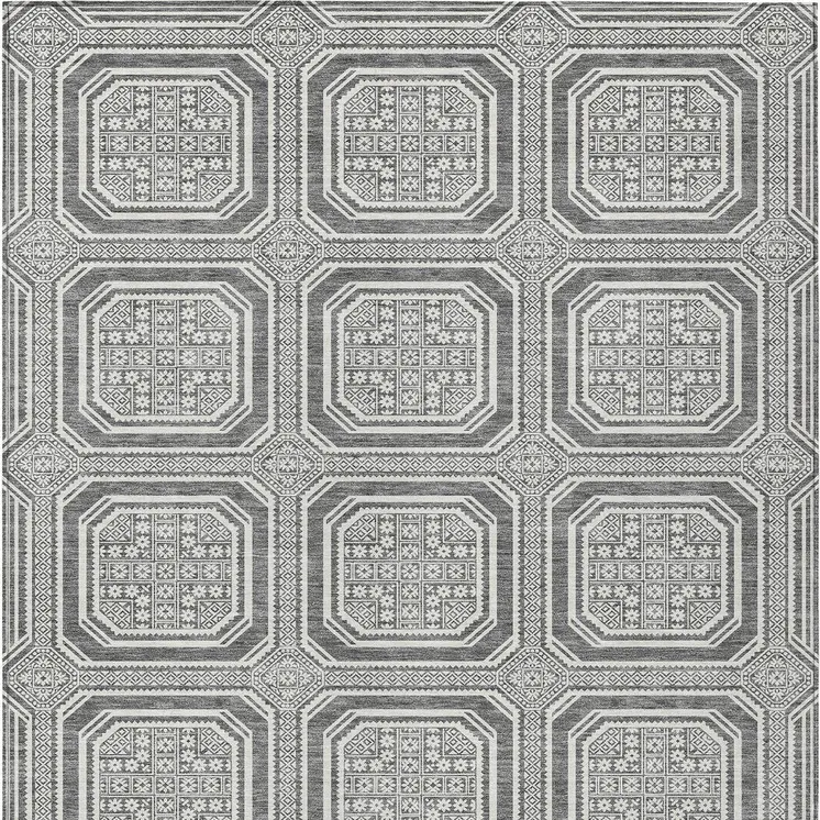 9' X 12' Gray And Ivory Geometric Washable Indoor Outdoor Area Rug