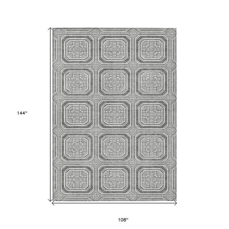 9' X 12' Gray And Ivory Geometric Washable Indoor Outdoor Area Rug