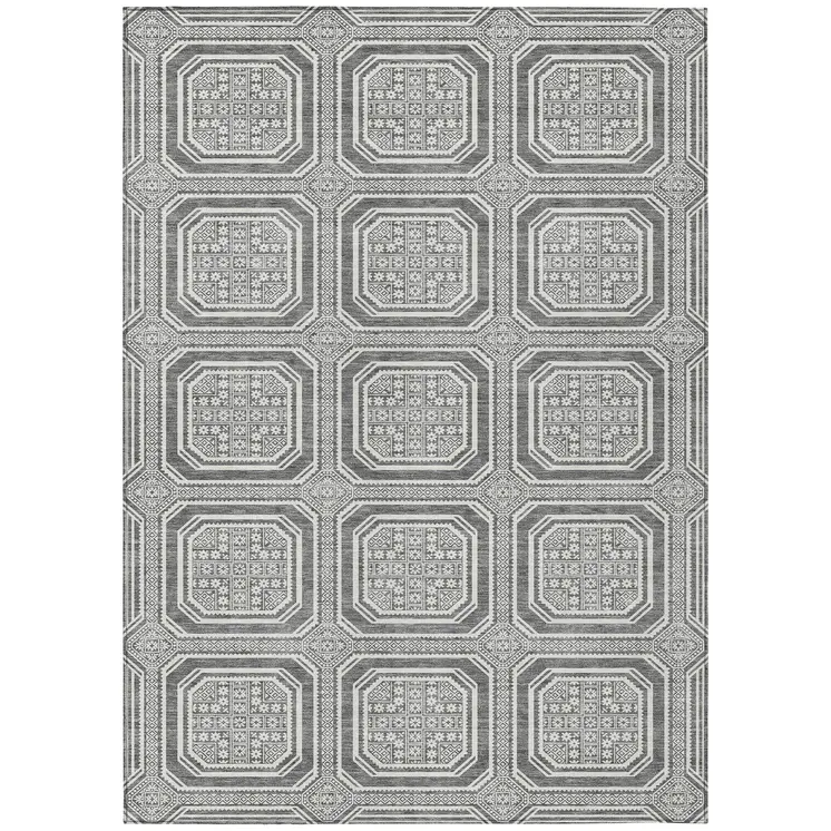 9' X 12' Gray And Ivory Geometric Washable Indoor Outdoor Area Rug
