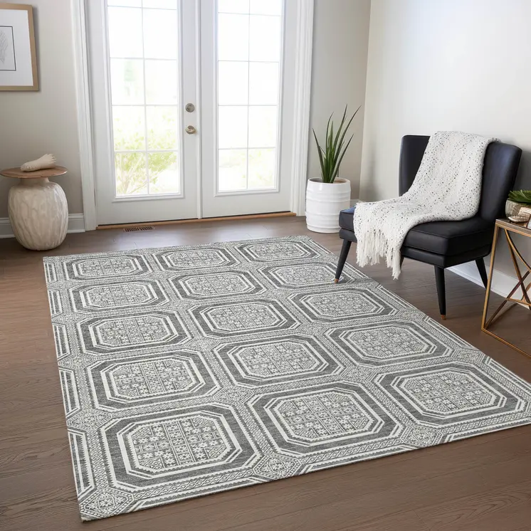 9' X 12' Gray And Ivory Geometric Washable Indoor Outdoor Area Rug