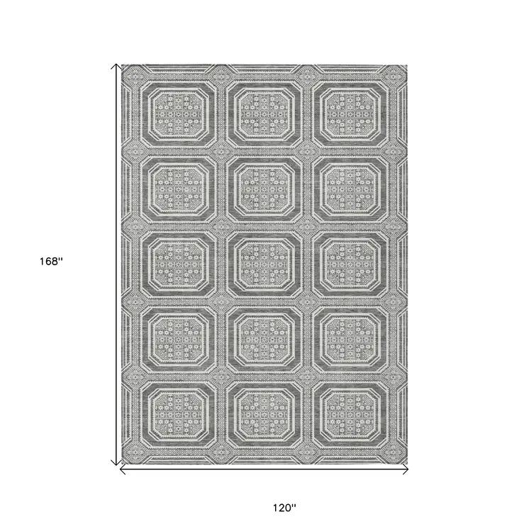10' X 14' Gray And Ivory Geometric Washable Indoor Outdoor Area Rug