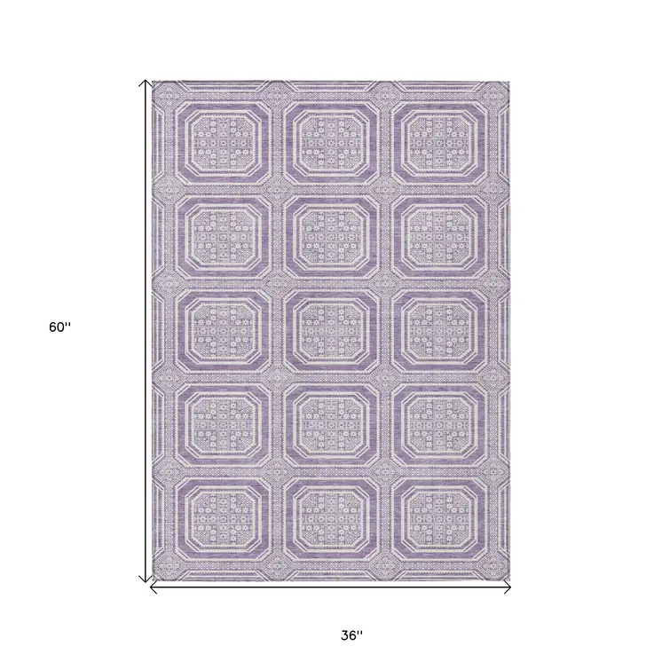 3' X 5' Lavender And Ivory Geometric Washable Indoor Outdoor Area Rug