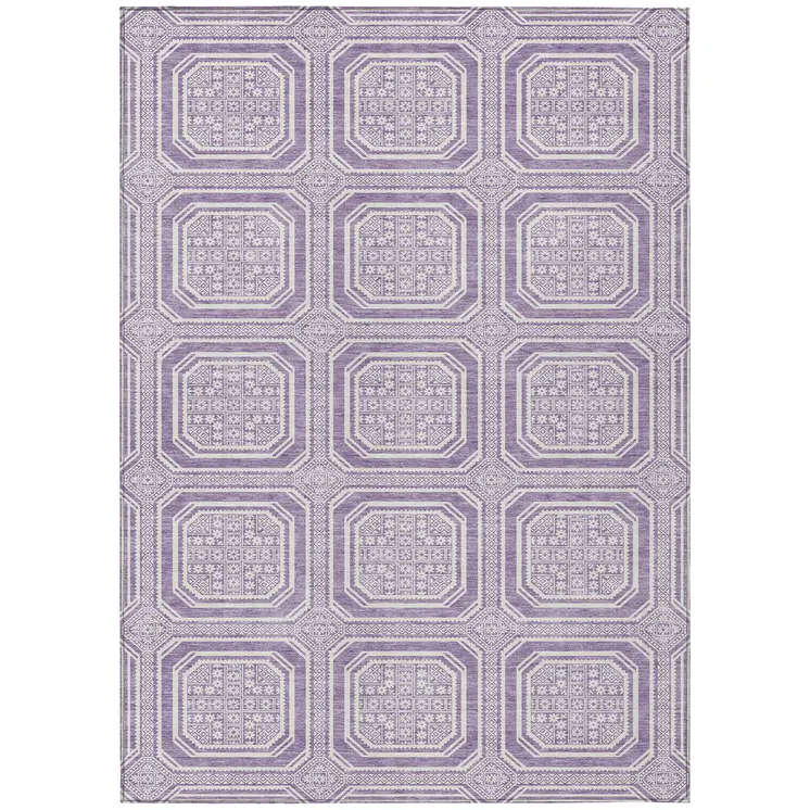 3' X 5' Lavender And Ivory Geometric Washable Indoor Outdoor Area Rug