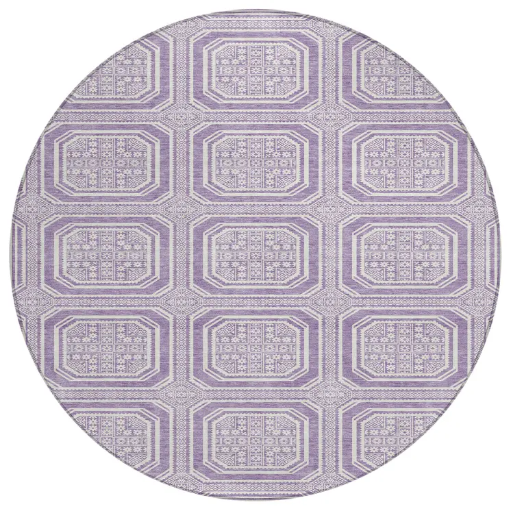 8' Lavender And Ivory Round Geometric Washable Indoor Outdoor Area Rug