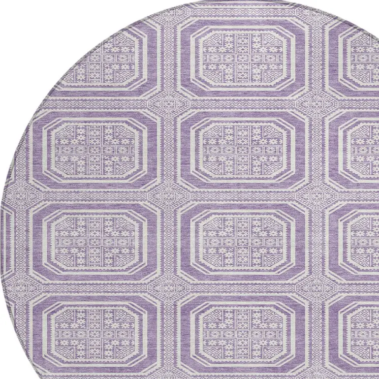 8' Lavender And Ivory Round Geometric Washable Indoor Outdoor Area Rug