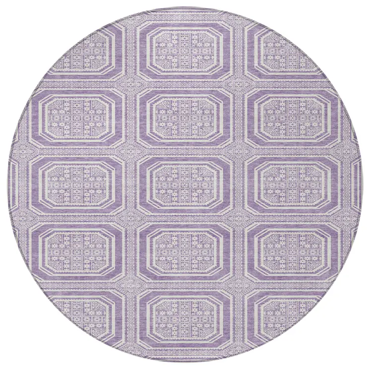 8' Lavender And Ivory Round Geometric Washable Indoor Outdoor Area Rug