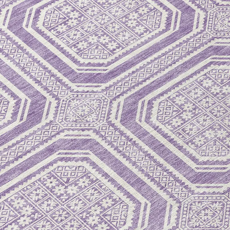 8' Lavender And Ivory Round Geometric Washable Indoor Outdoor Area Rug