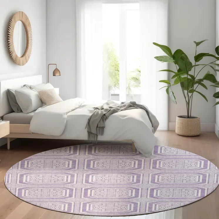 8' Lavender And Ivory Round Geometric Washable Indoor Outdoor Area Rug