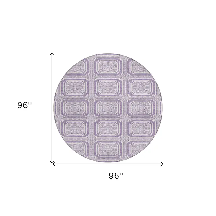8' Lavender And Ivory Round Geometric Washable Indoor Outdoor Area Rug