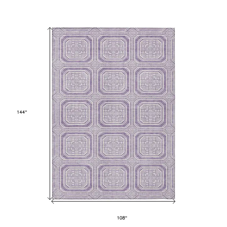 9' X 12' Lavender And Ivory Geometric Washable Indoor Outdoor Area Rug