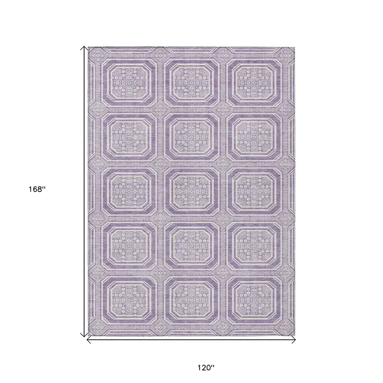 10' X 14' Lavender And Ivory Geometric Washable Indoor Outdoor Area Rug