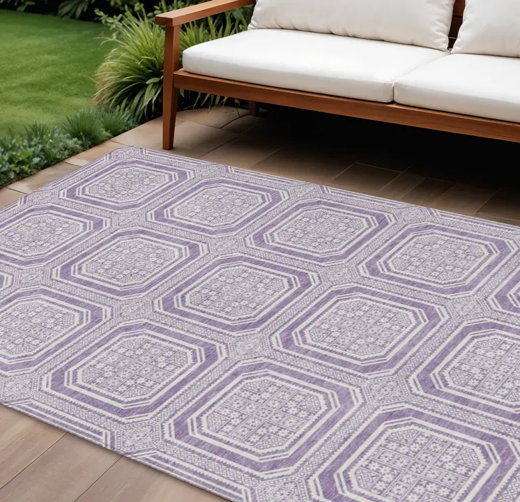 10' X 14' Lavender And Ivory Geometric Washable Indoor Outdoor Area Rug