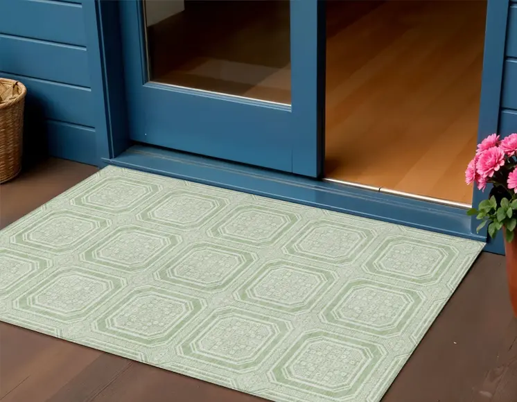 3' X 5' Mint Green And Ivory Geometric Washable Indoor Outdoor Area Rug