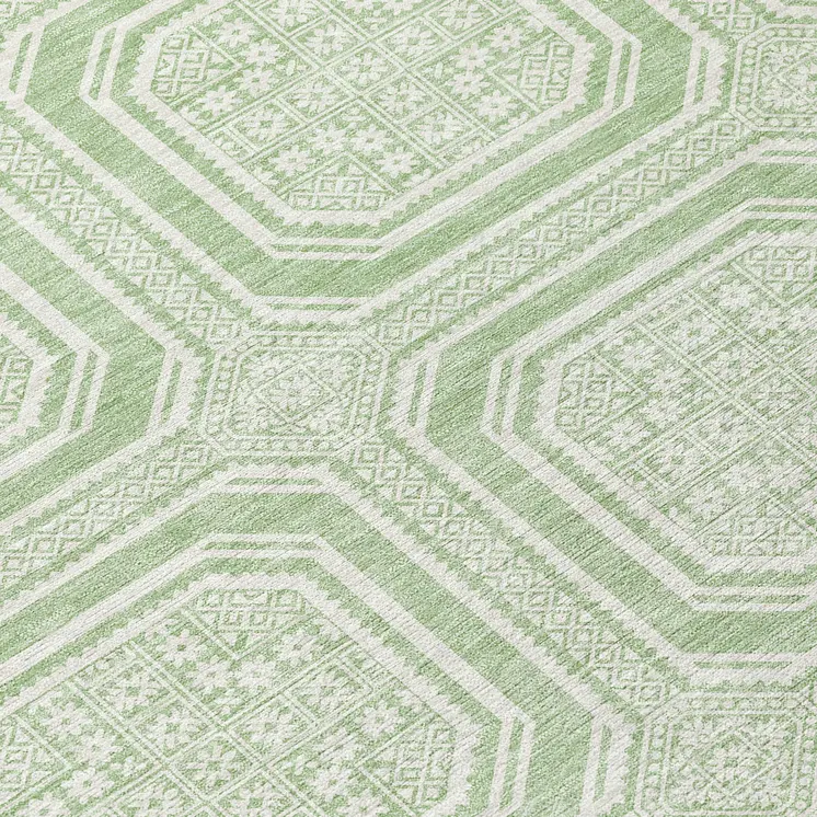 8' Mint Green And Ivory Round Geometric Washable Indoor Outdoor Area Rug
