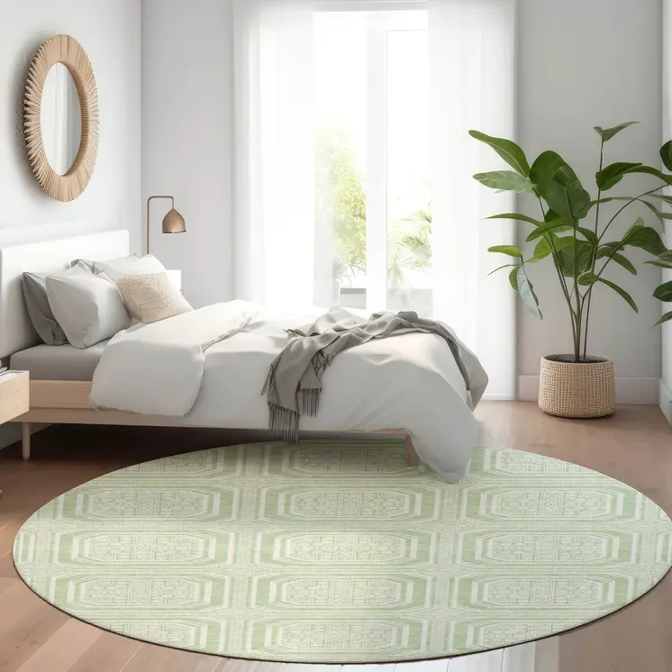 8' Mint Green And Ivory Round Geometric Washable Indoor Outdoor Area Rug