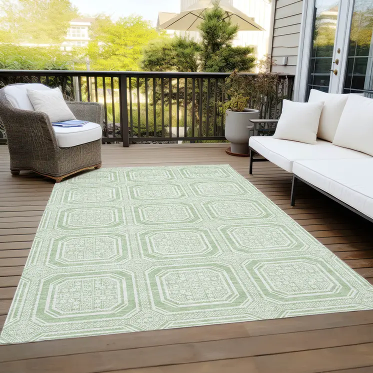 8' X 10' Mint Green And Ivory Geometric Washable Indoor Outdoor Area Rug