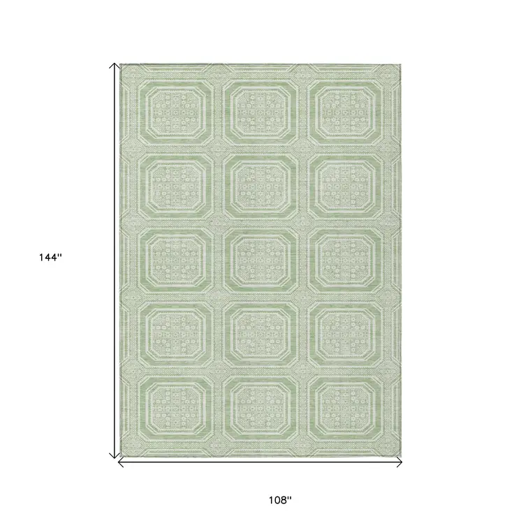 9' X 12' Mint Green And Ivory Geometric Washable Indoor Outdoor Area Rug