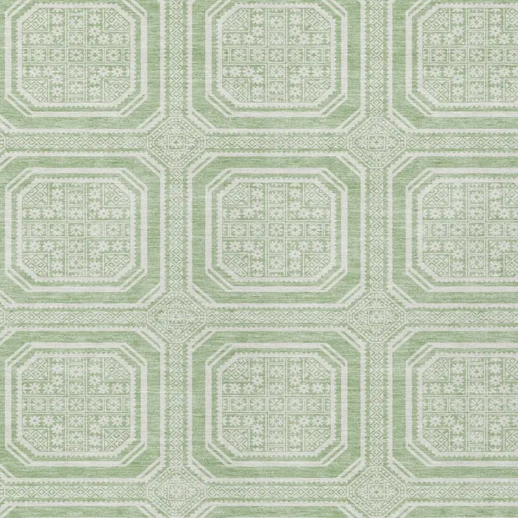 9' X 12' Mint Green And Ivory Geometric Washable Indoor Outdoor Area Rug