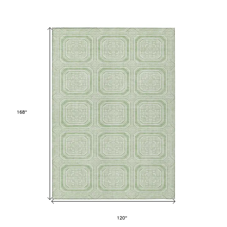 10' X 14' Mint Green And Ivory Geometric Washable Indoor Outdoor Area Rug