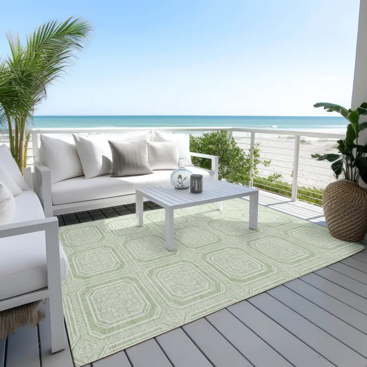 10' X 14' Mint Green And Ivory Geometric Washable Indoor Outdoor Area Rug