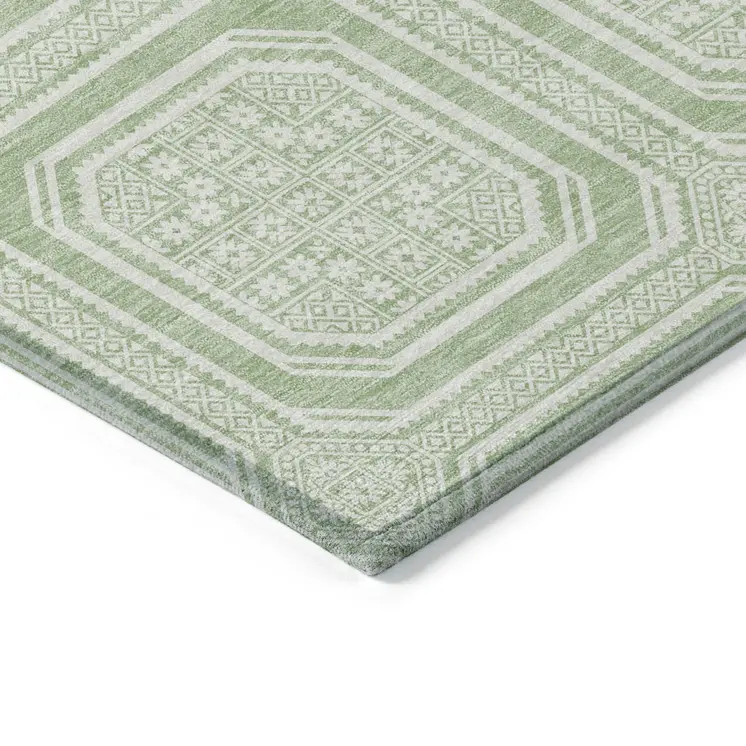 10' X 14' Mint Green And Ivory Geometric Washable Indoor Outdoor Area Rug