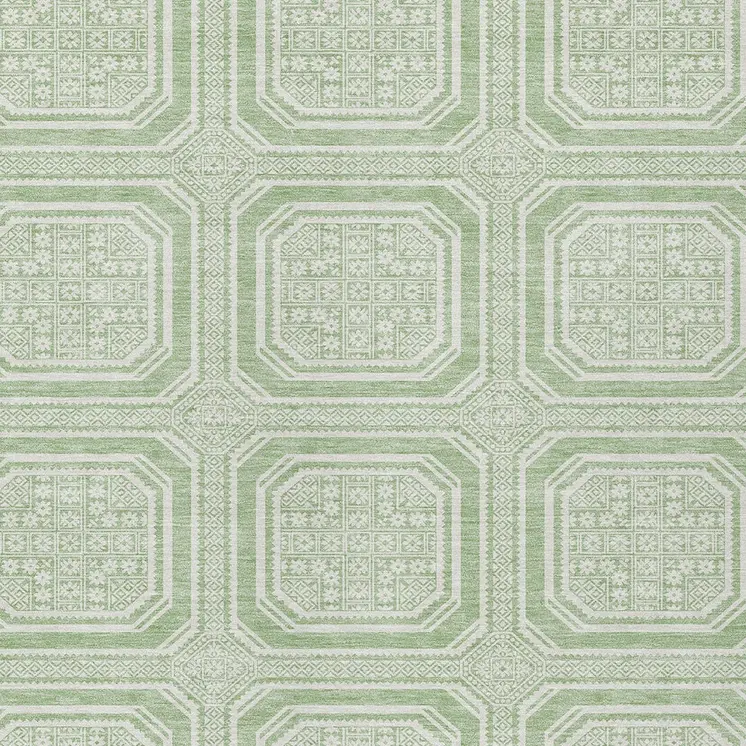 10' X 14' Mint Green And Ivory Geometric Washable Indoor Outdoor Area Rug
