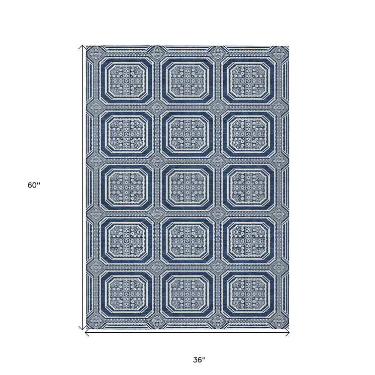 3' X 5' Navy Blue And Ivory Geometric Washable Indoor Outdoor Area Rug