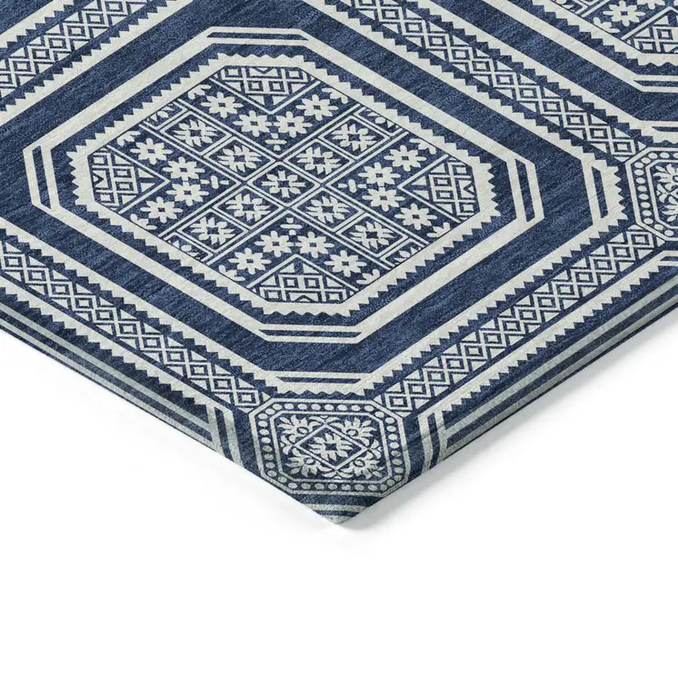 3' X 5' Navy Blue And Ivory Geometric Washable Indoor Outdoor Area Rug