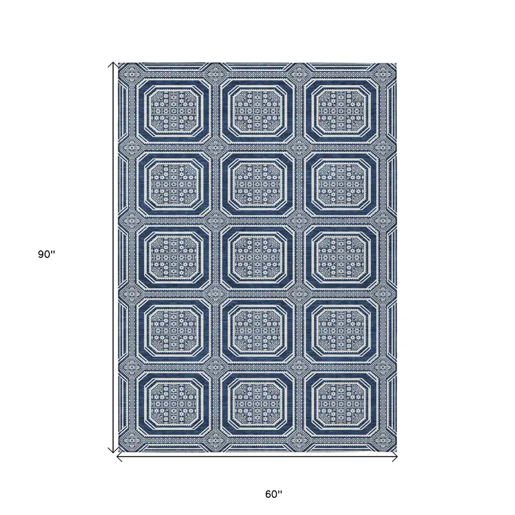 5' X 8' Navy Blue And Ivory Geometric Washable Indoor Outdoor Area Rug