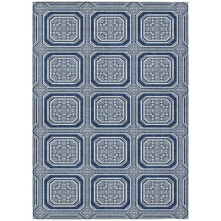5' X 8' Navy Blue And Ivory Geometric Washable Indoor Outdoor Area Rug
