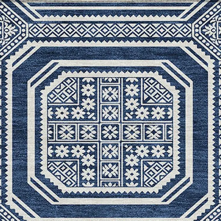 5' X 8' Navy Blue And Ivory Geometric Washable Indoor Outdoor Area Rug