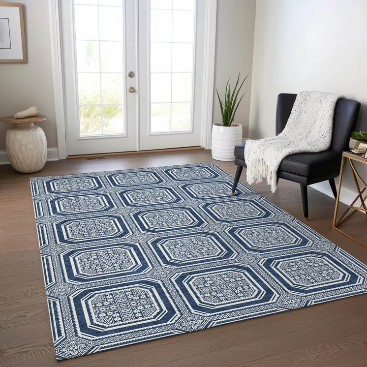 5' X 8' Navy Blue And Ivory Geometric Washable Indoor Outdoor Area Rug