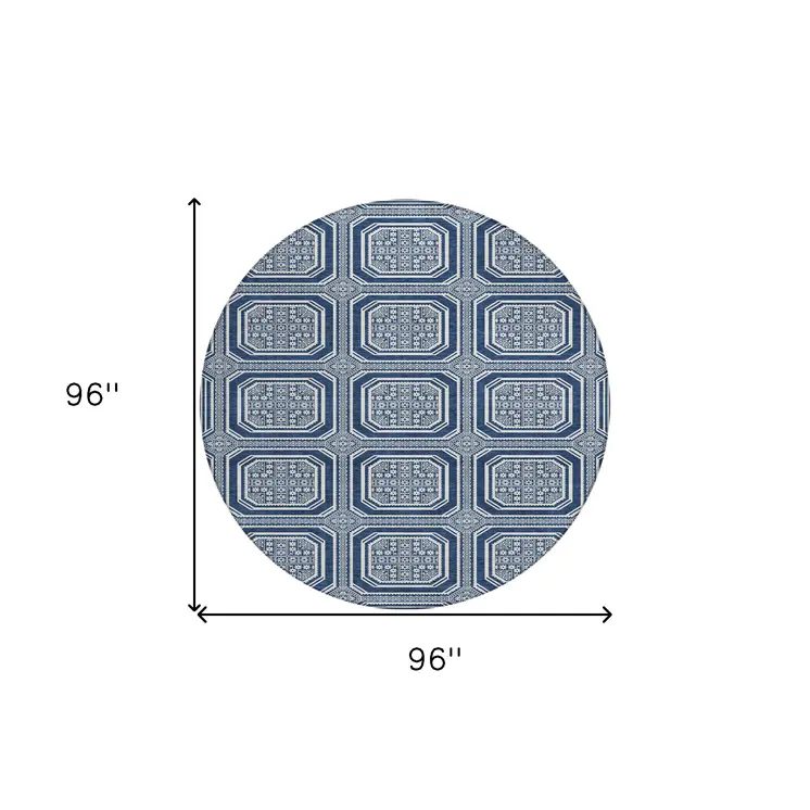8' Navy Blue And Ivory Round Geometric Washable Indoor Outdoor Area Rug