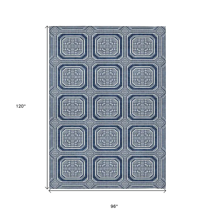 8' X 10' Navy Blue And Ivory Geometric Washable Indoor Outdoor Area Rug