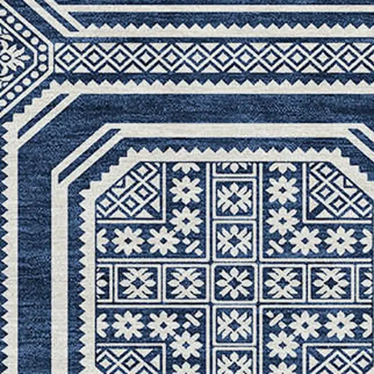 8' X 10' Navy Blue And Ivory Geometric Washable Indoor Outdoor Area Rug