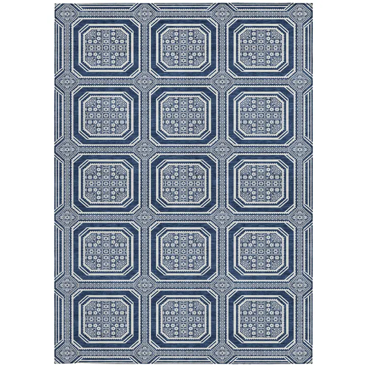 9' X 12' Navy Blue And Ivory Geometric Washable Indoor Outdoor Area Rug