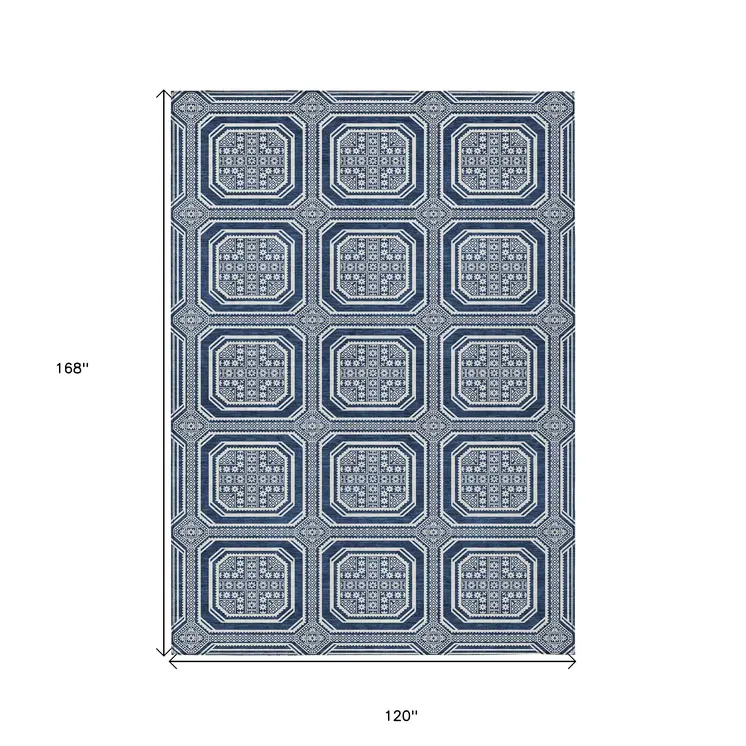 10' X 14' Navy Blue And Ivory Geometric Washable Indoor Outdoor Area Rug