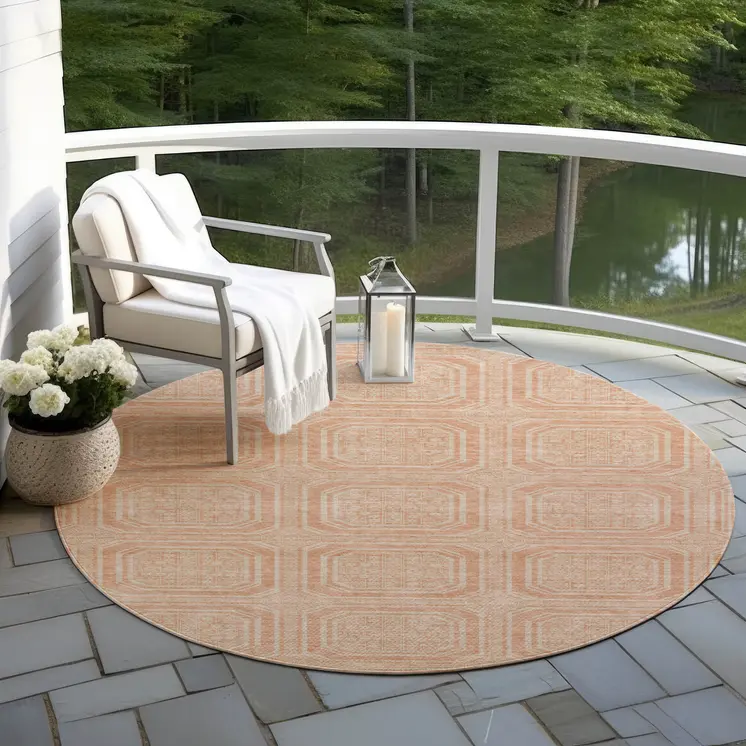 8' Peach And Beige Round Geometric Washable Indoor Outdoor Area Rug